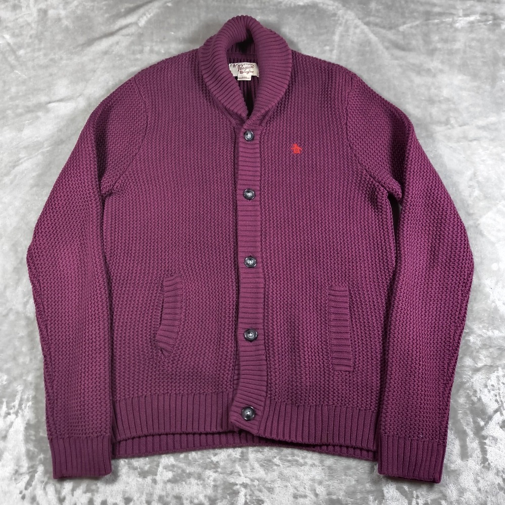 Penguin Cardigan Sweater Mens Large Shawl Collar Waffle Knit Basket Weave Button